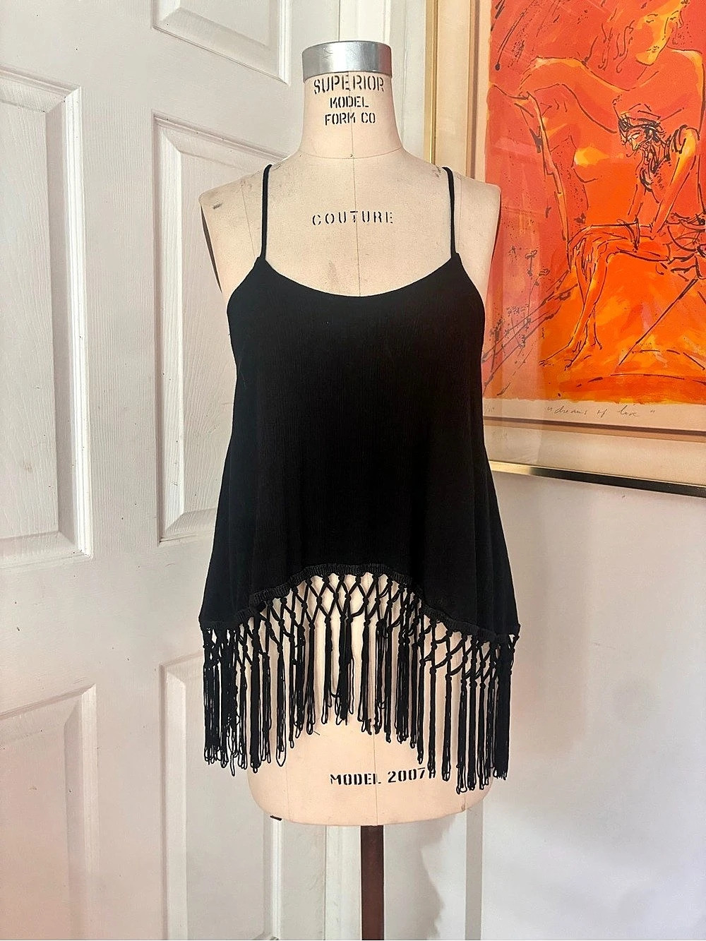 Fringe spaghetti Tank Top in Black Size Medium Like New
